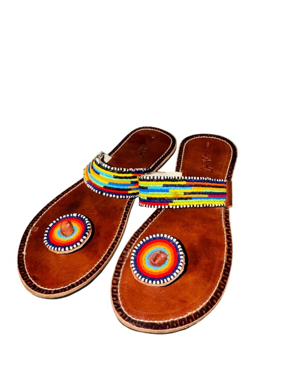 Handmade Boho Hippie Leather Sandals Rainbow Beaded Retro Indie Womens 9 Western - Picture 2 of 8